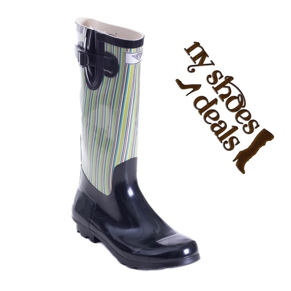 Women's Rubber Rain Boots Wellies,  Black Retro Design - Picture 1 of 3